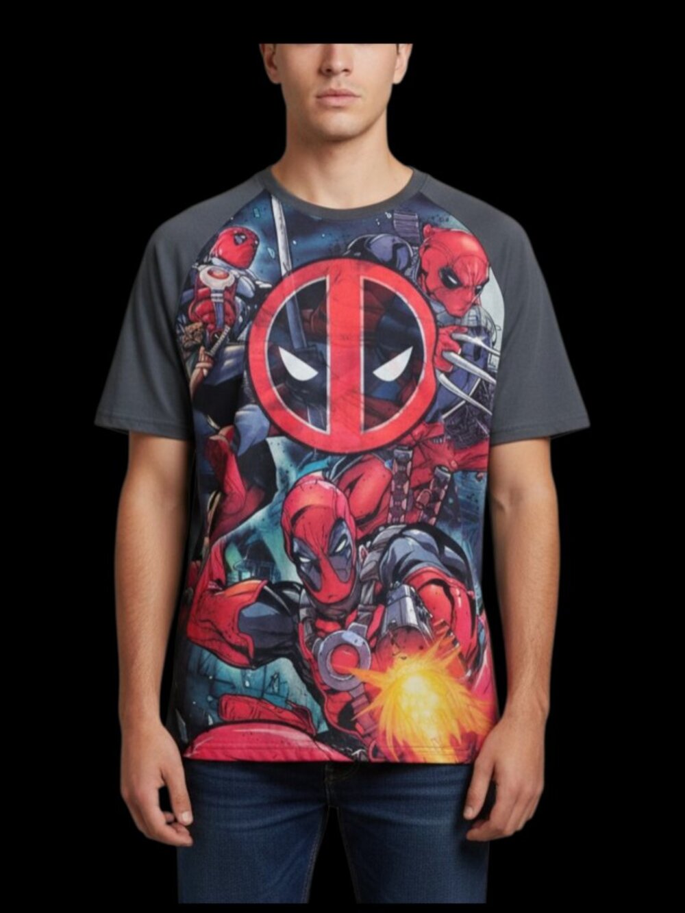 Marvel Deadpool All Over Comic-Style Print Graphic T-Shirt Size XL